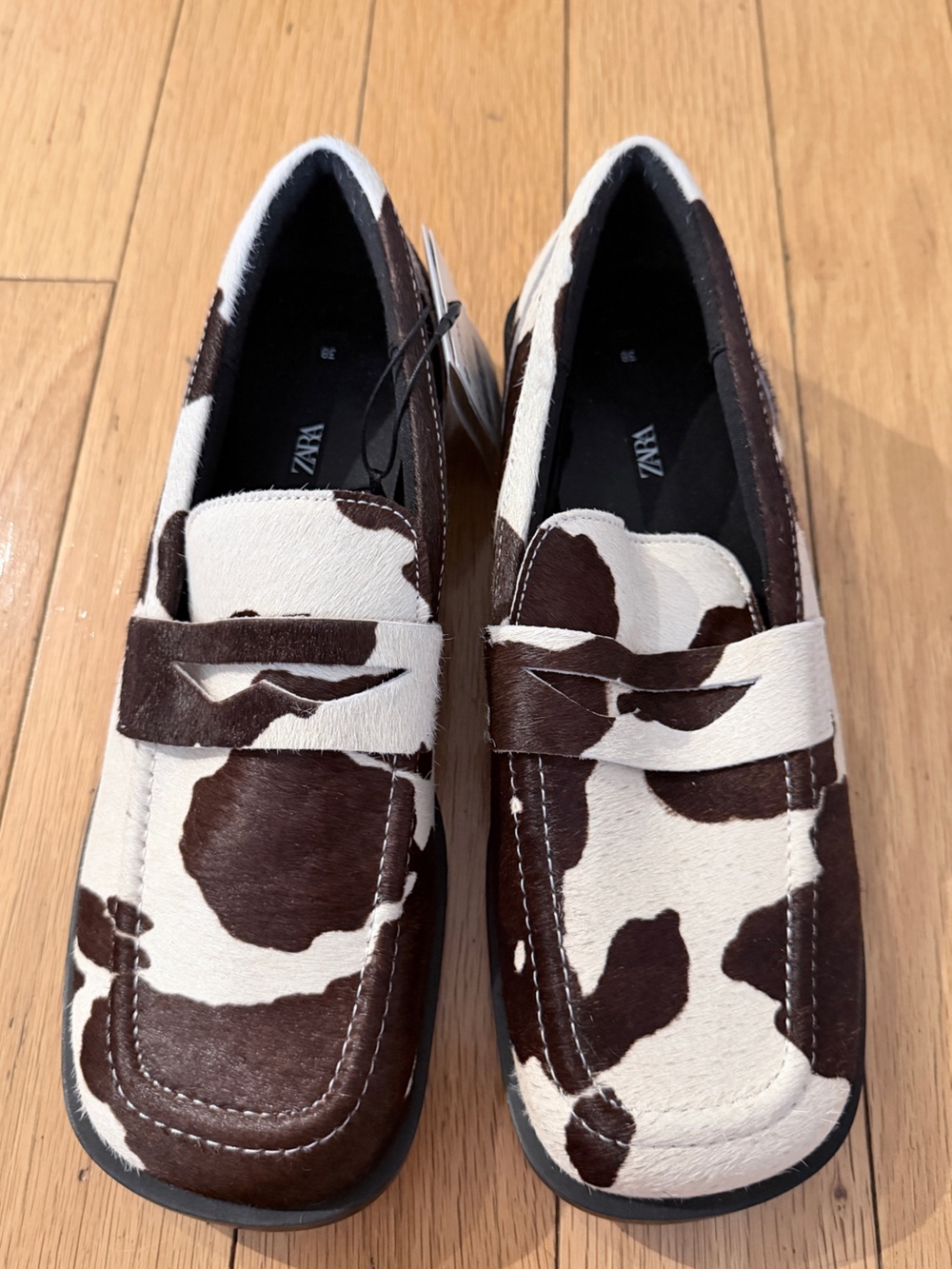 Zara Brown & White Cowhide Penny Loafers